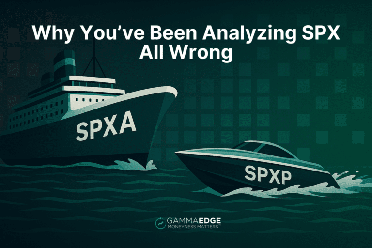 Illustration showing the SPX options market as two vessels on dark teal waters with a financial chart background. A large cruise ship labeled 'SPXA' represents slow-moving institutional options contracts, while a nimble speedboat labeled 'SPXP' represents faster-moving speculative contracts. The headline reads 'Why You've Been Analyzing SPX All Wrong' with the GammaEdge logo at the bottom.