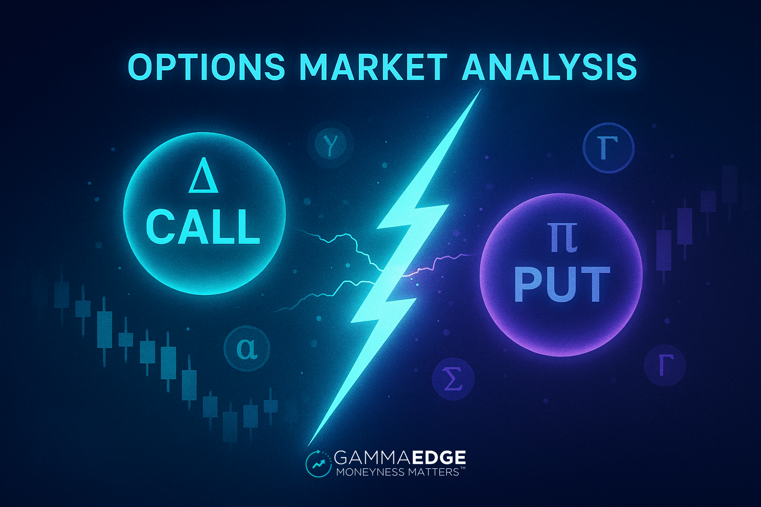 options market analysis feature image showing calls vs puts, and other options related greeks for the blog.