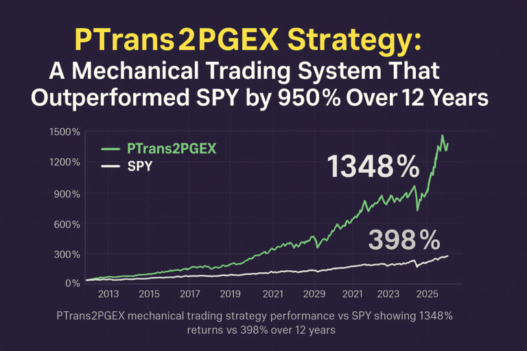 PTrans2PGEX mechanical trading strategy performance chart showing 1348% cumulative returns versus SPY's 398% returns from 2013 to 2025, demonstrating 950% outperformance over 12 years