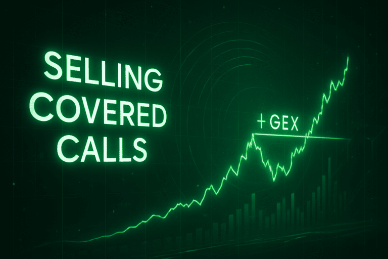 selling covered calls visual feature image showing a stock graph with the +GEX level plotted.